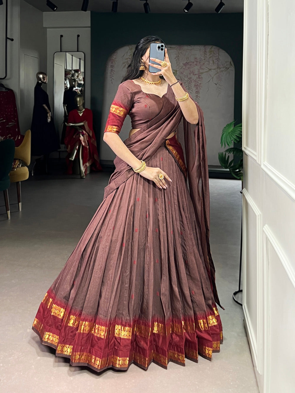 Brown chanderi lehenga choli with zari weaving border 4 meter flair