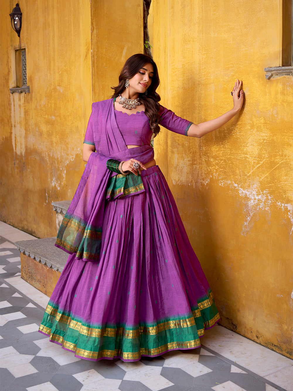 Purple color zari weaving work chanderi lehenga choli