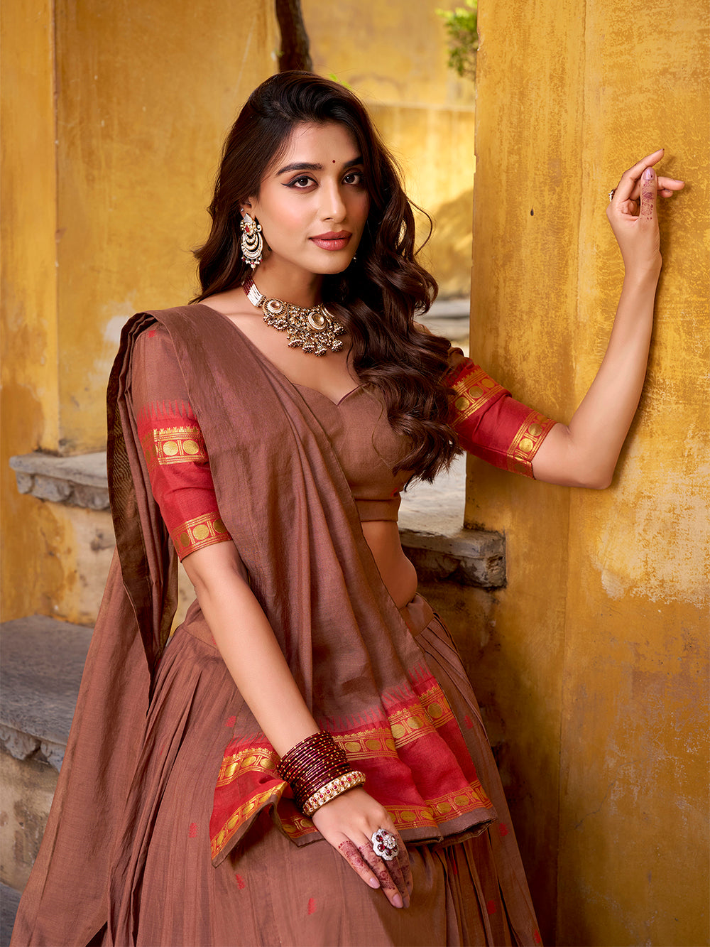Brown color zari weaving work chanderi lehenga choli