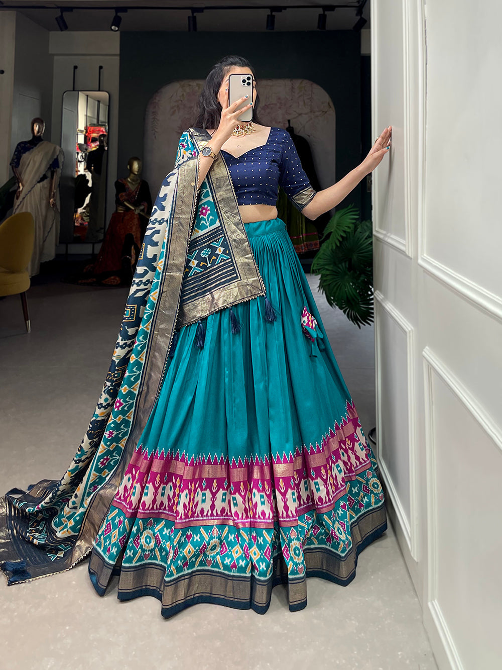 Firozi Color Patola Print With Foil Work Tussar Silk Lehenga Choli