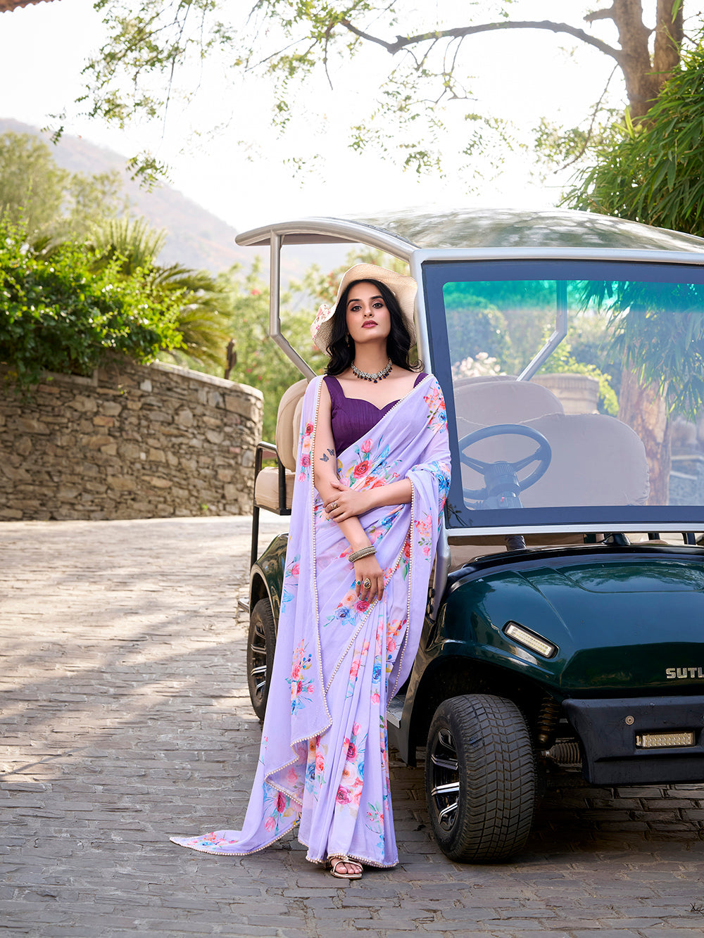 Lavender floral printed weightless marbal saree with pearl lace border