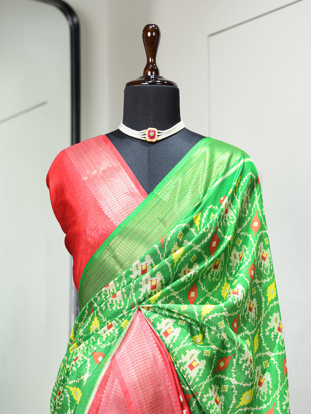 Parrot Color Digital Patola Printed Dola Silk Saree