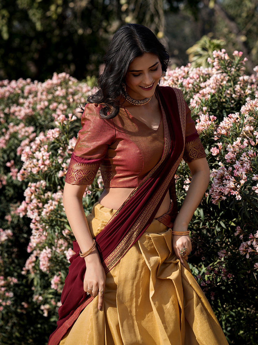 Cream kanchipuram silk lehenga choli with zari weaving matching dupatta