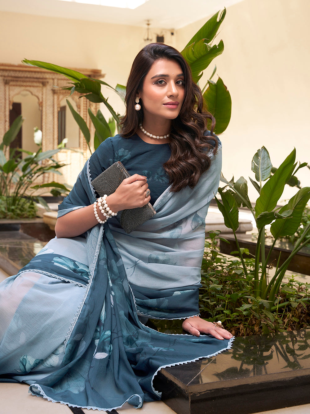 Bottle green floral printed weightless marbal saree with lace border
