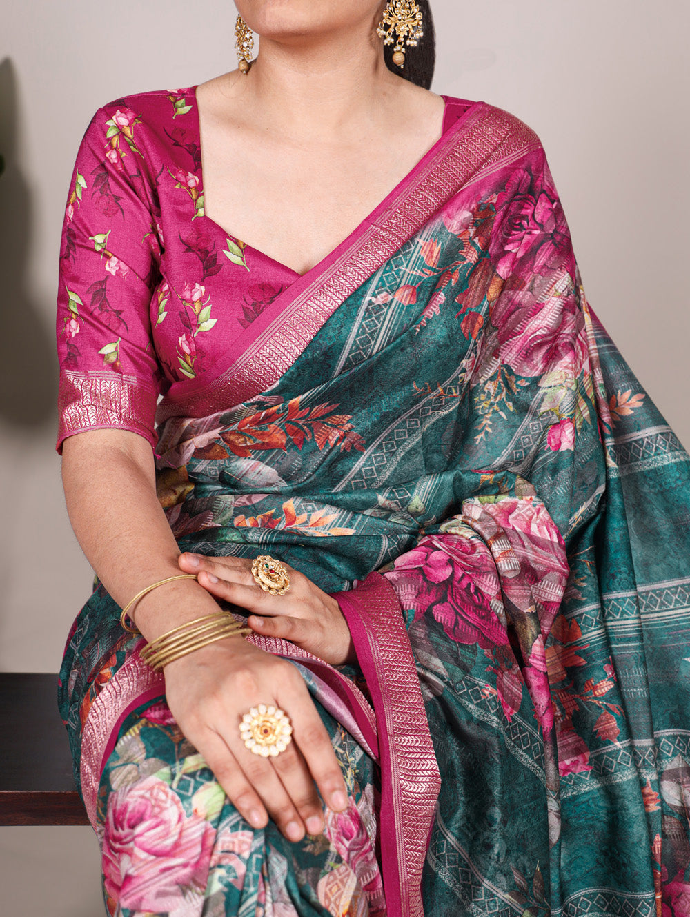 Green tussar silk floral printed saree with viscose border wine blouse