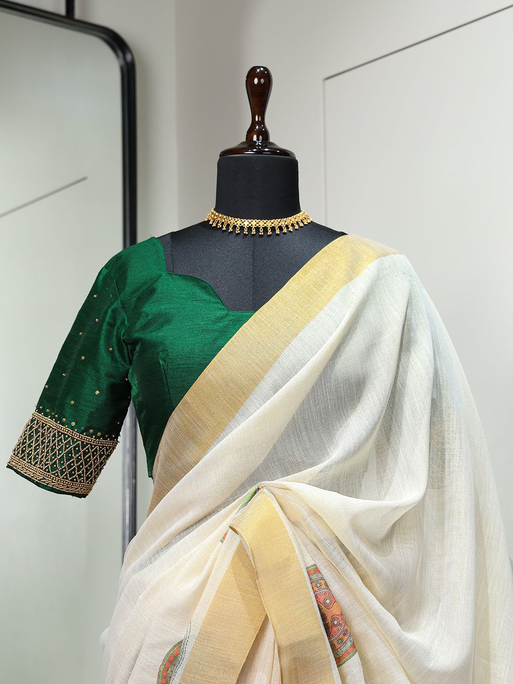 Kathak Design Printed Kasavu Zari Border Saree