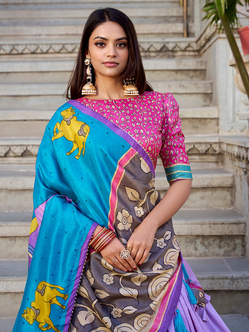 Lavender tasar silk lehenga choli with kalamkari print foil work