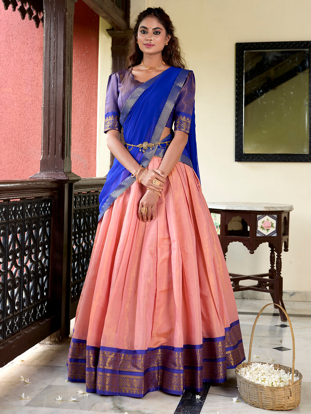 Peach color zari weaving work kanchipuram lehenga choli