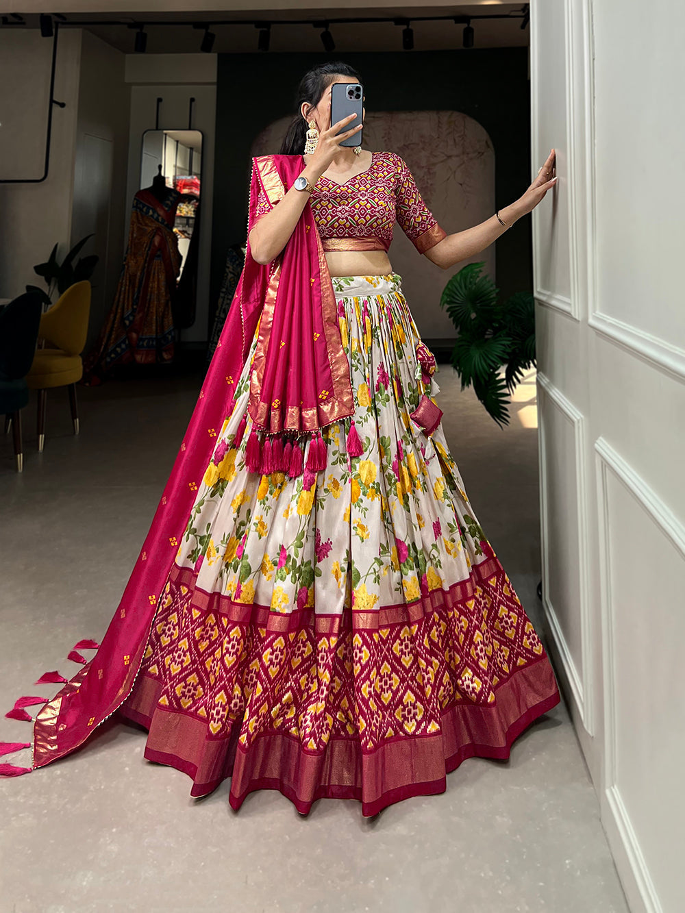 Pink Color Floral And Patola Printed With Foil Work Tussar Silk Lehenga Choli