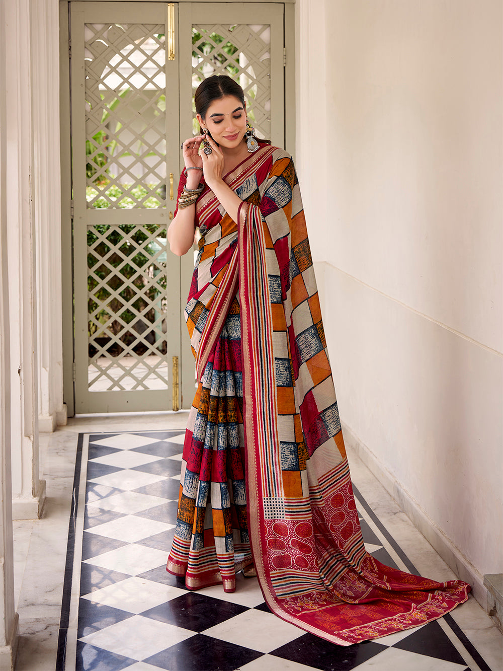 Maroon viscose chanderi check print saree with temple lace border blouse piece