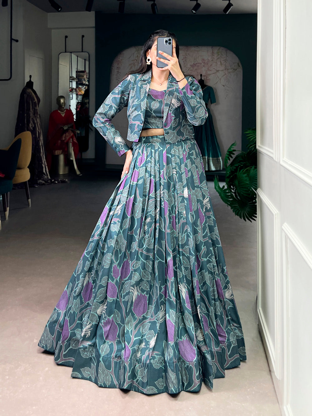 Teal blue color tasar silk co ord set