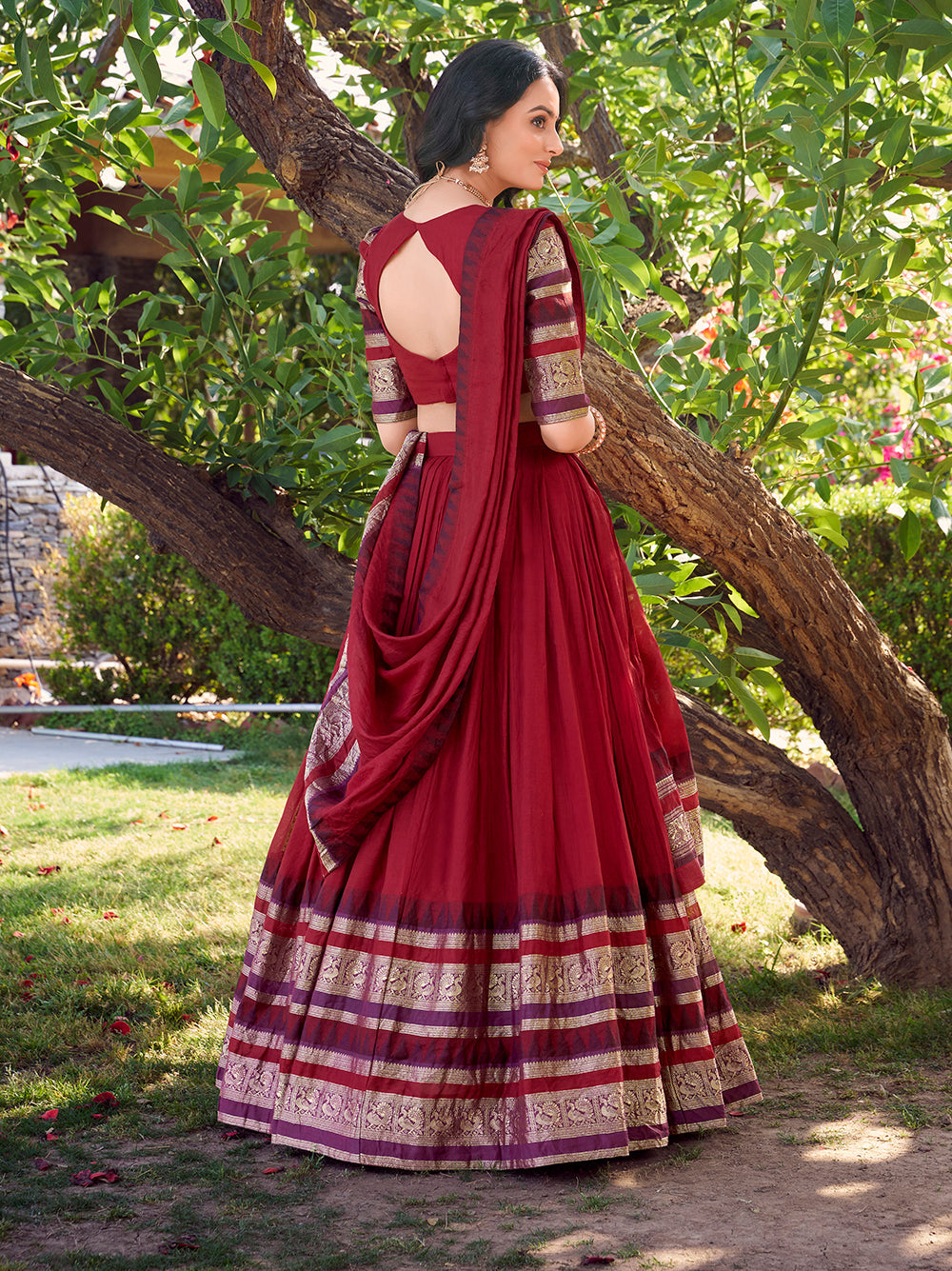 Bridal red chanderi lehenga choli with zari woven border matching dupatta