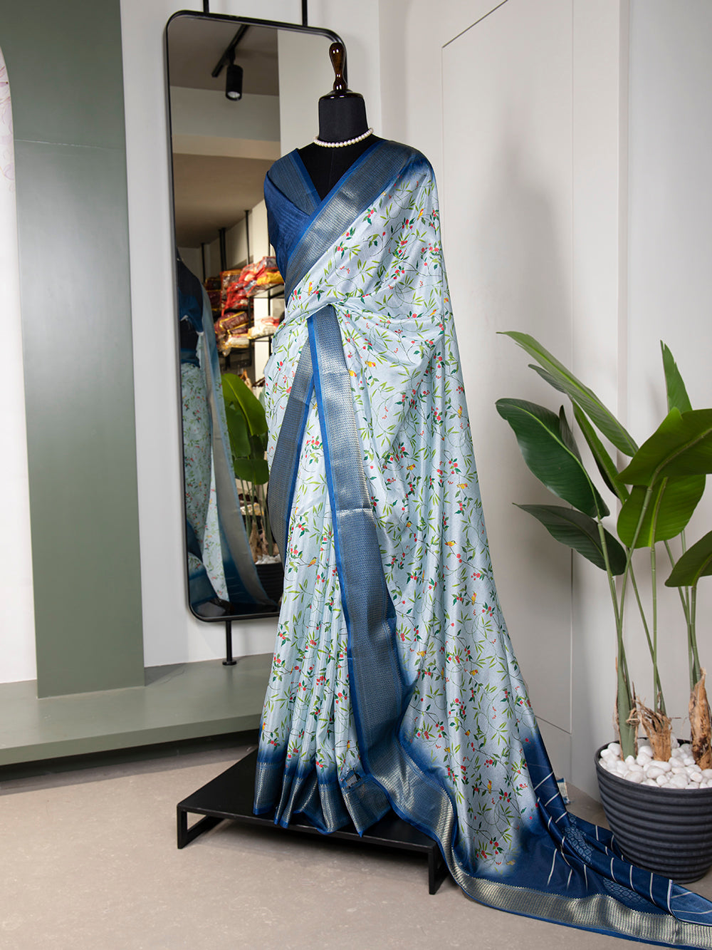 Sky Blue Color Printed With Zari Border Dola Silk Saree
