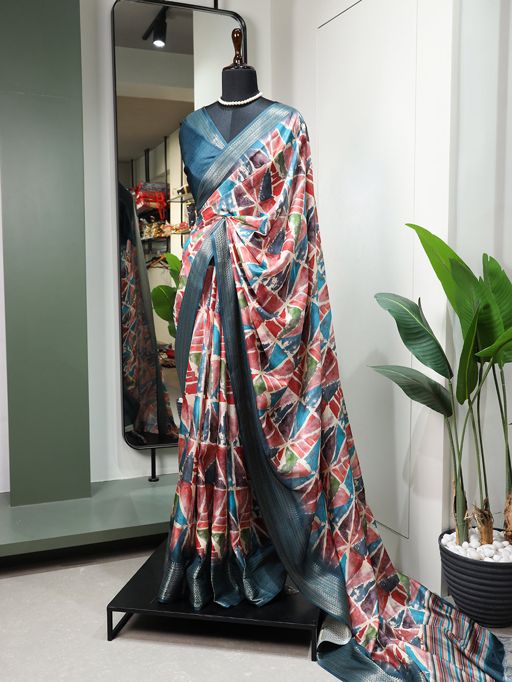 Teal Color Printed With Zari Border Dola Silk Saree