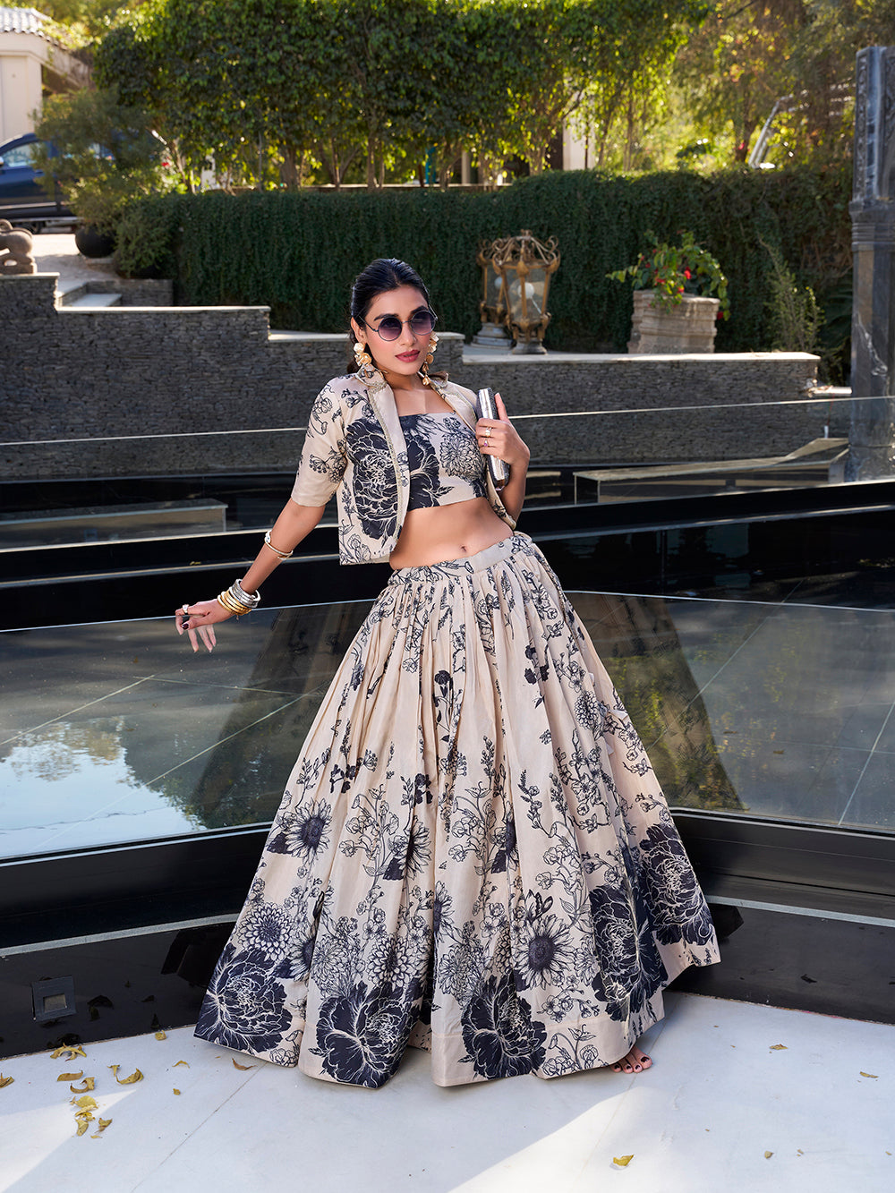 Ivory cream tussar silk crop top lehenga choli with floral print