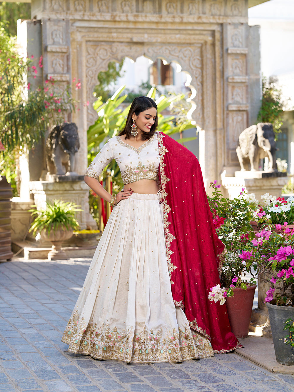 Off white vichitra silk lehenga choli with sequins thread embroidery