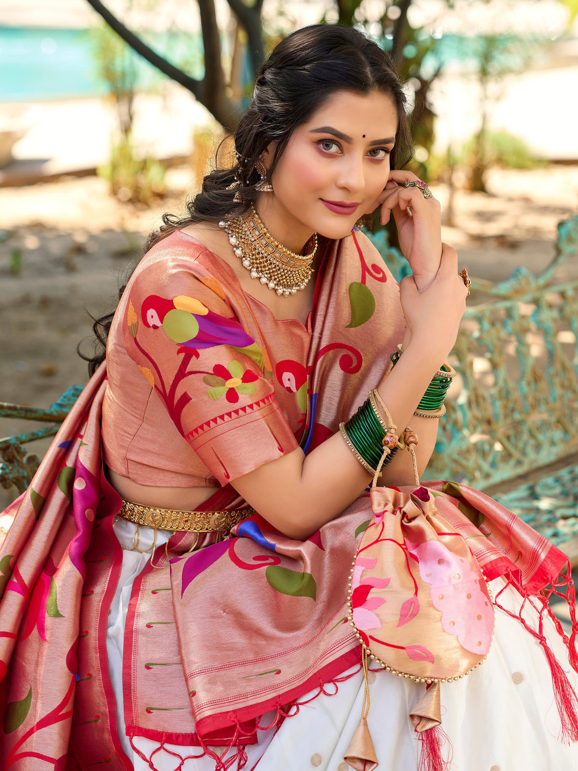 White color weaving zari work jacquard silk lehenga choli
