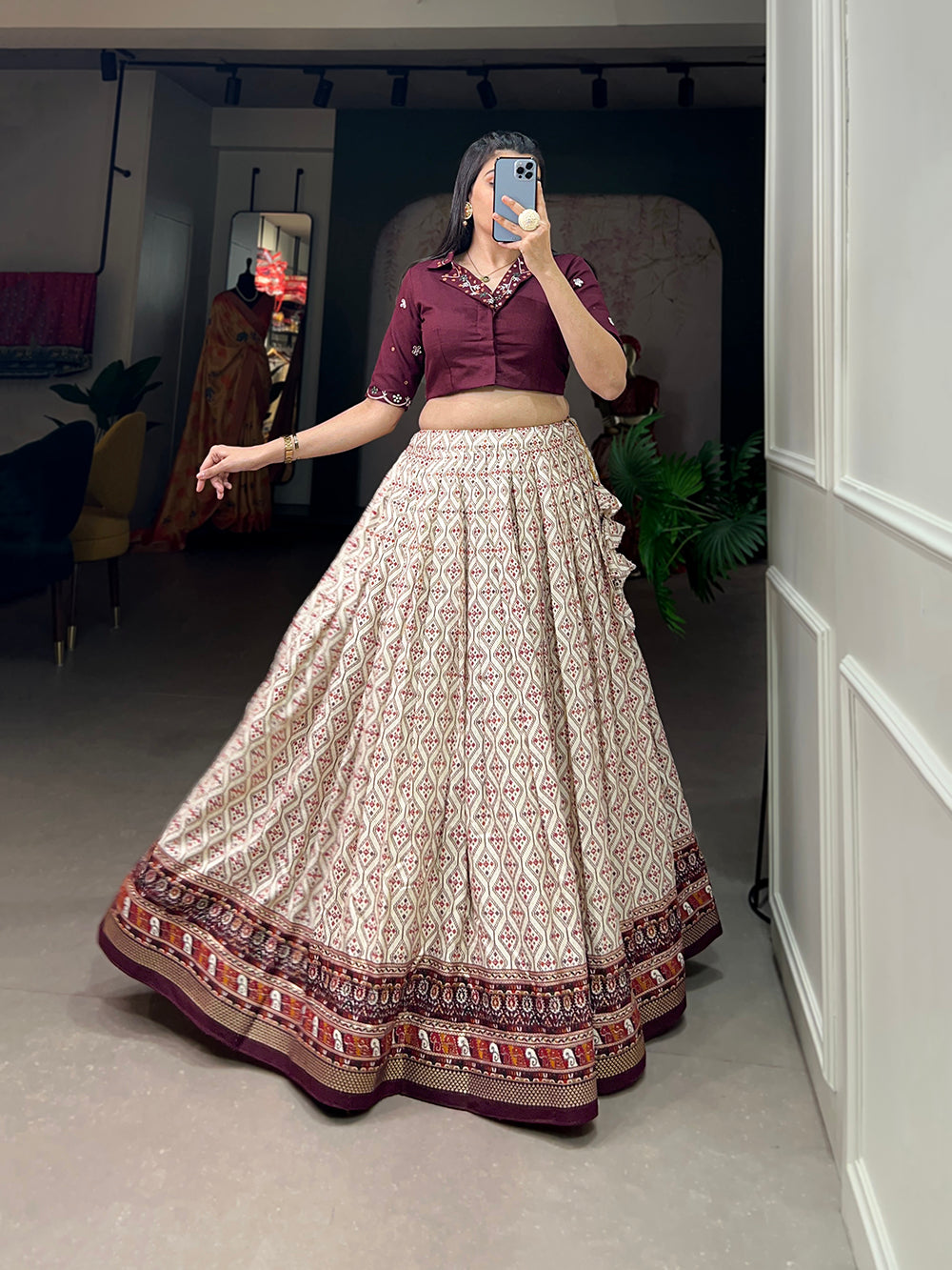 Wine Color Patola With Foil Print Rayon Cotton Co-ord Set Lehenga Choli
