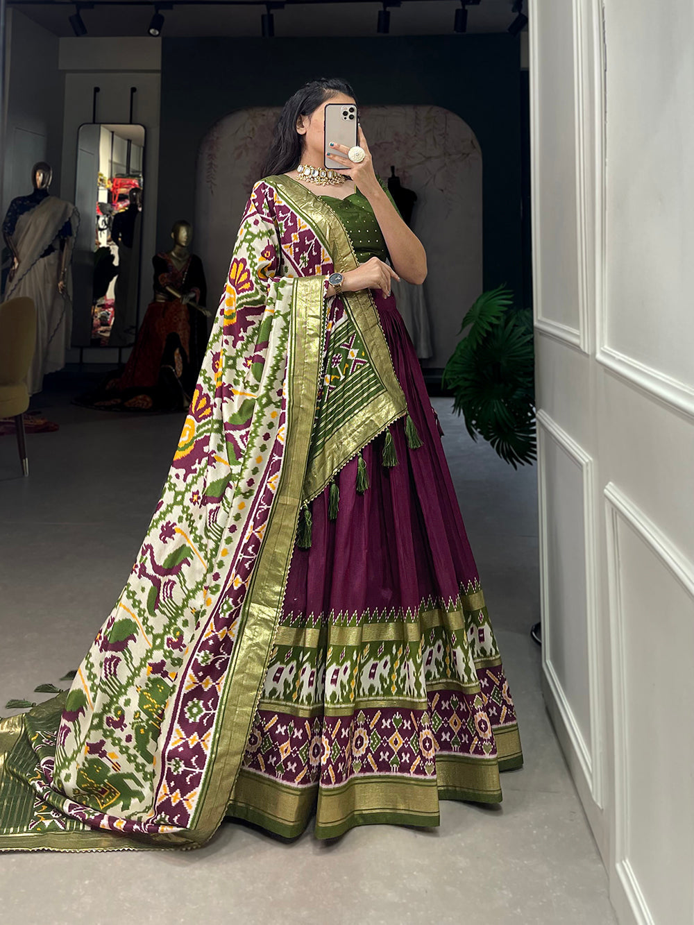 Wine Color Patola Print With Foil Work Tussar Silk Lehenga Choli