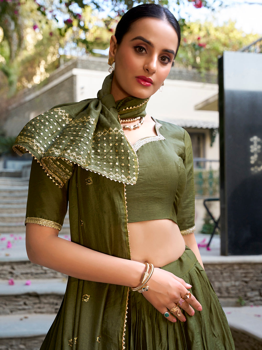 Mehandi green chanderi silk lehenga choli with elegant weave matching dupatta