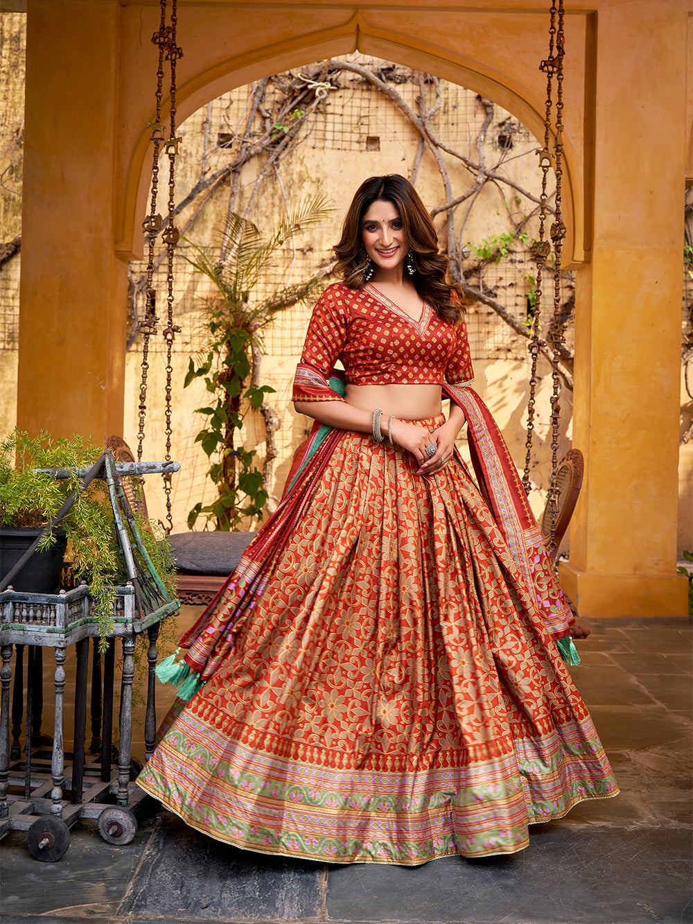 Rust orange color tasar silk lehenga
