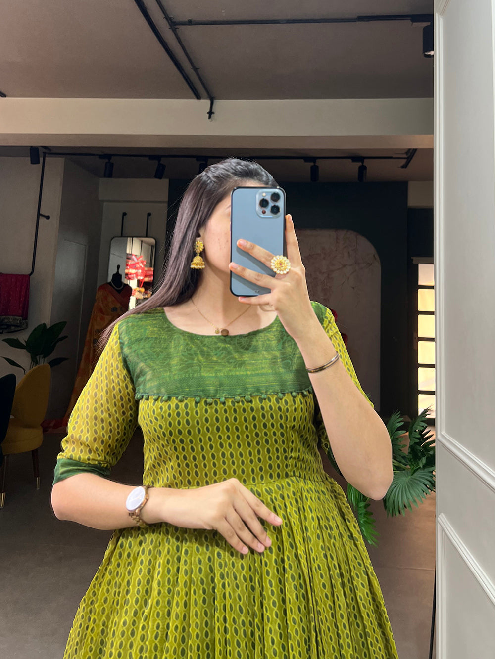 Mehendi Color Print With Zari Patta  Soft Cotton Dress