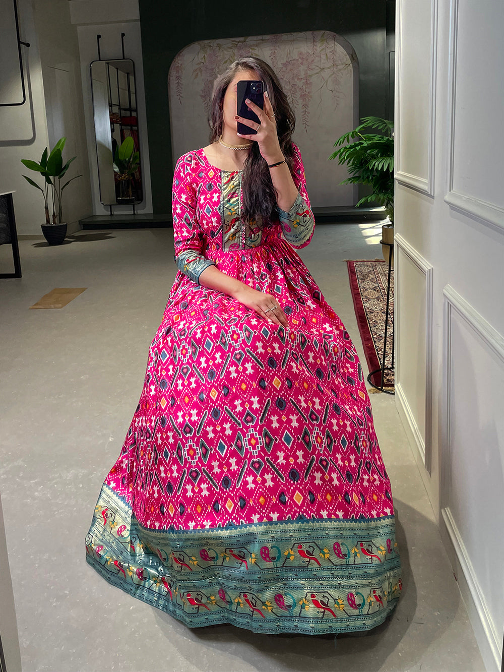 Pink Color Patola Paithani Printed And Foil Printed Silk Gown
