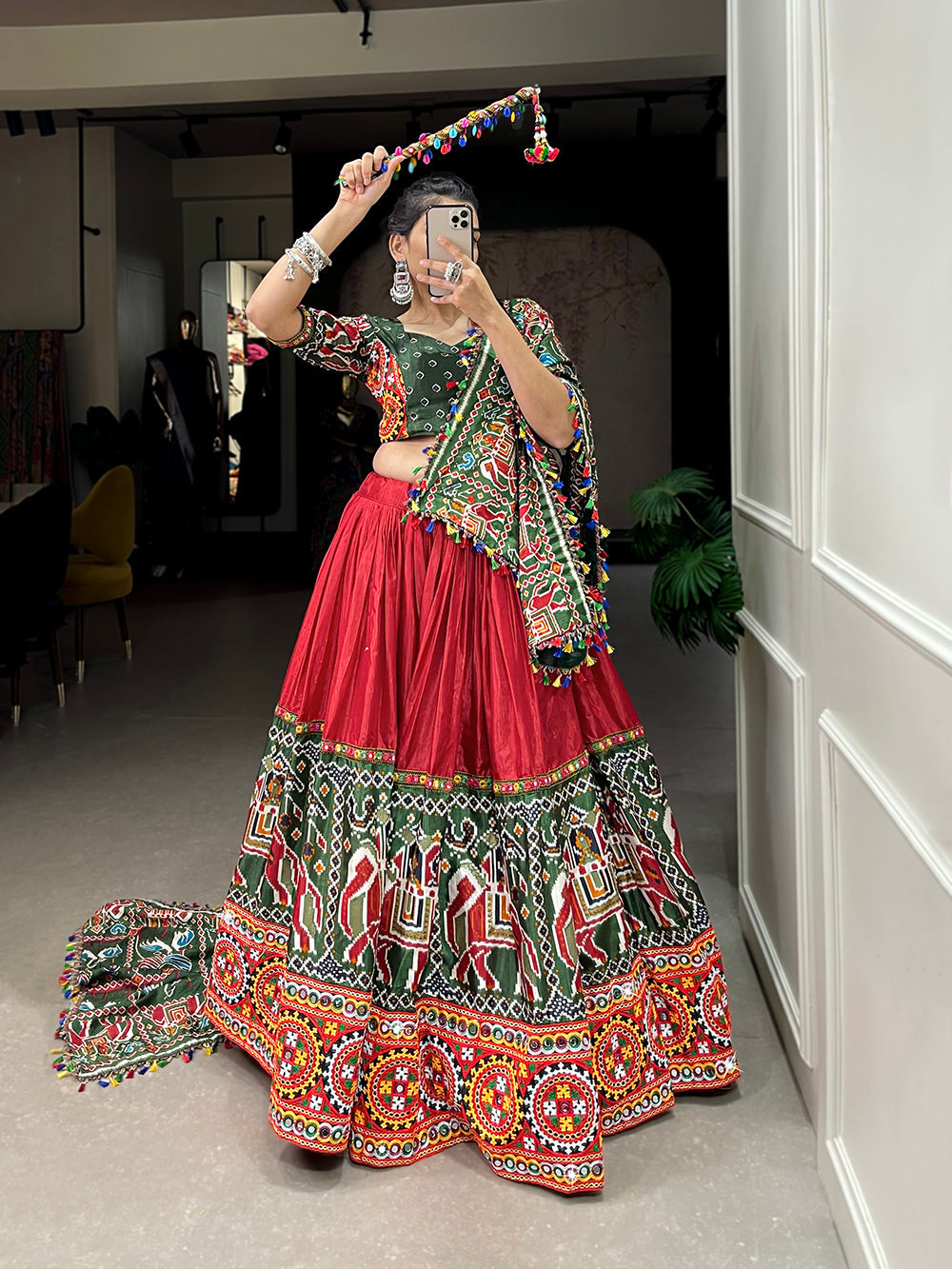 Red Color Patola Print With Gamthi Work And Mirror Work Dola Silk Lehenga  Choli
