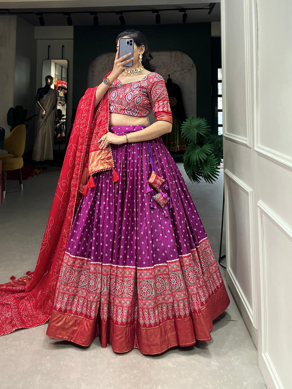 Purple Color Bandhani And Ajrakh Print With Foil Work  Dola Silk Chaniya Choli