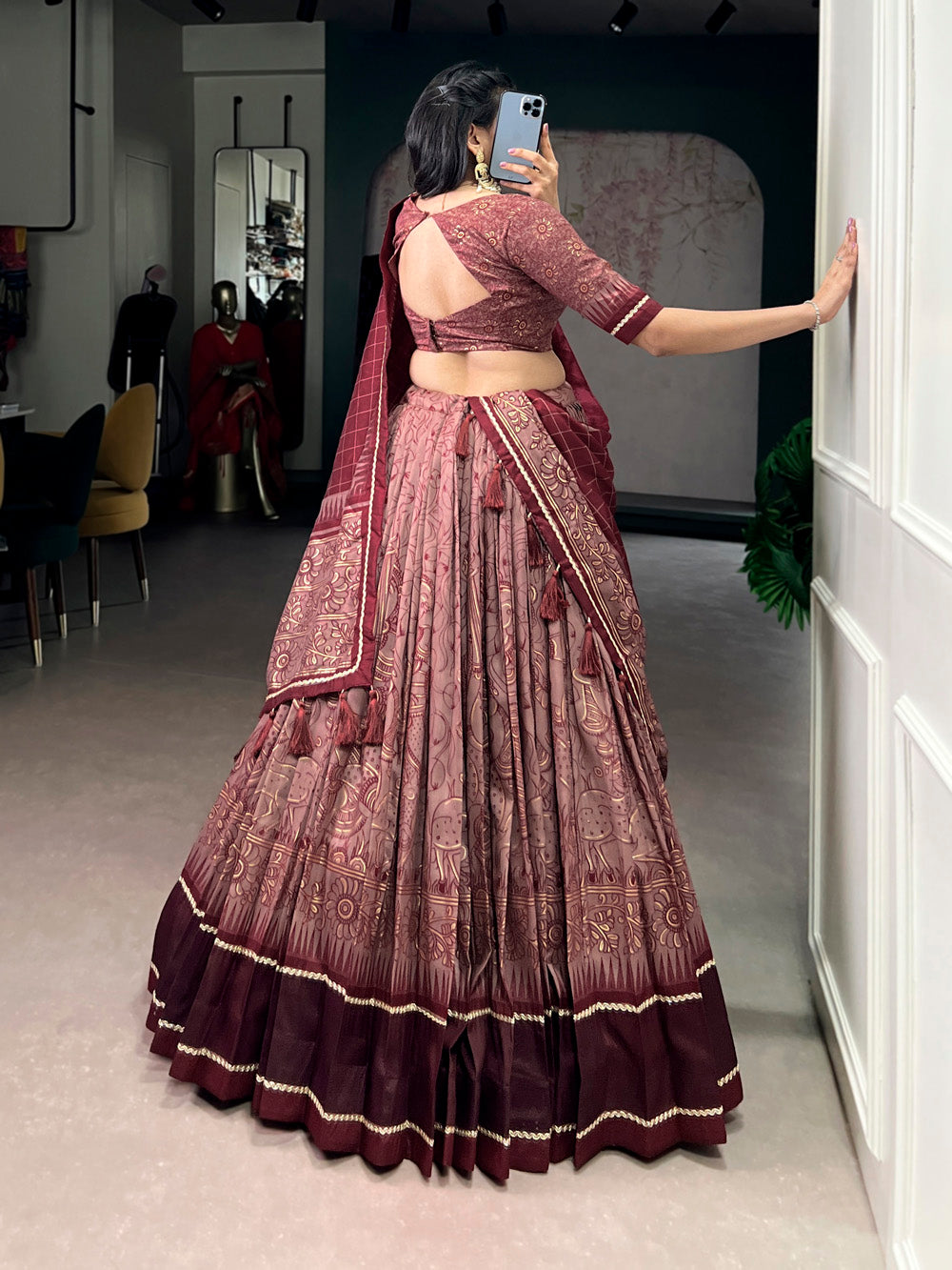 Maroon tasar silk kalamkari print lehenga choli with lace border tassel dupatta