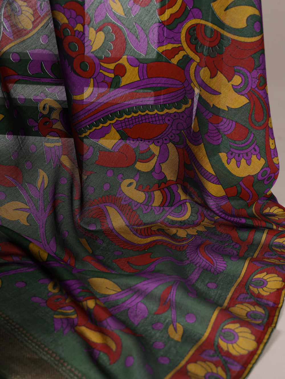 Purple floral printed viscose chanderi silk saree with zari lace border