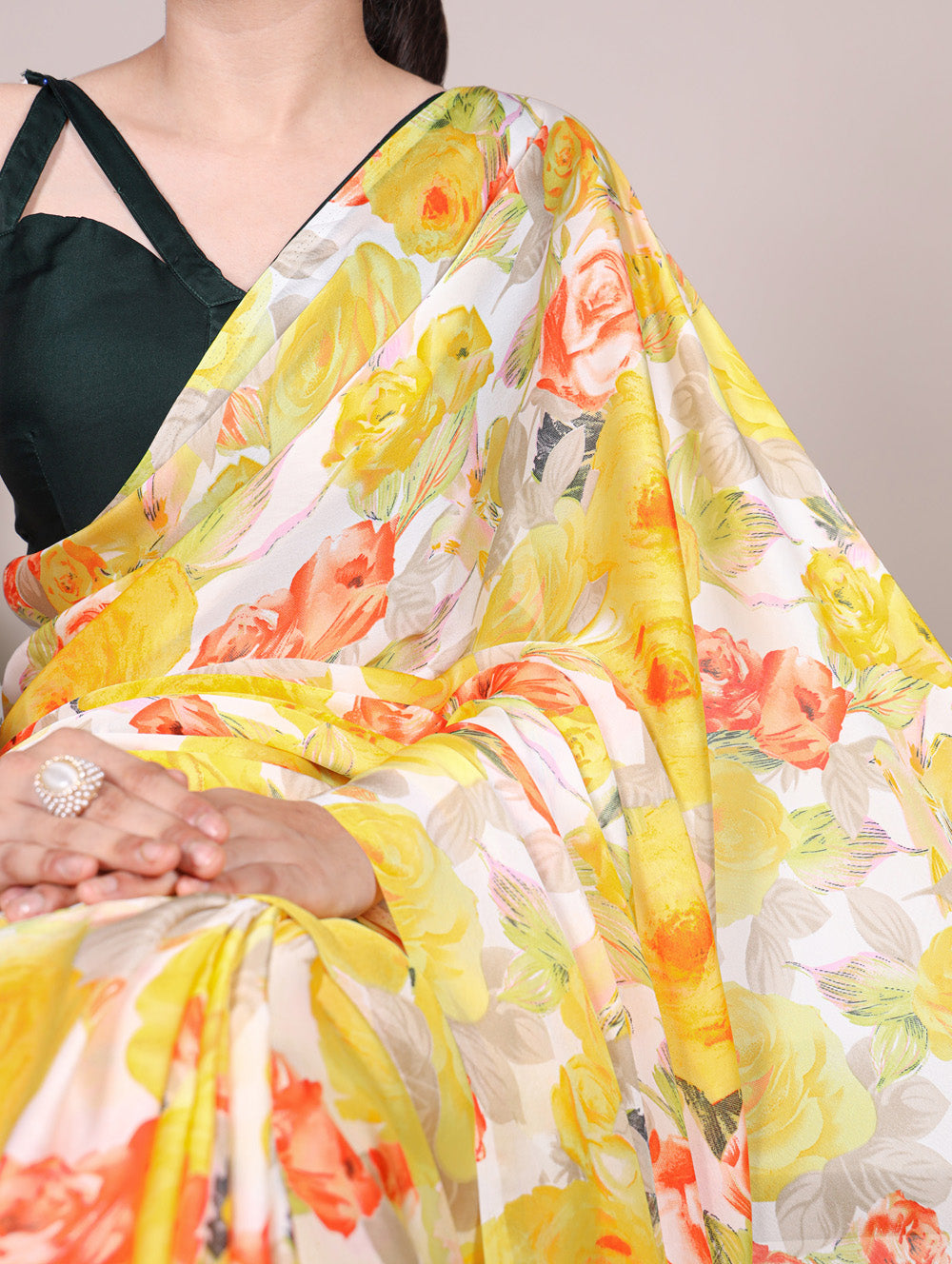 Yellow dull satin floral printed saree with matching blouse