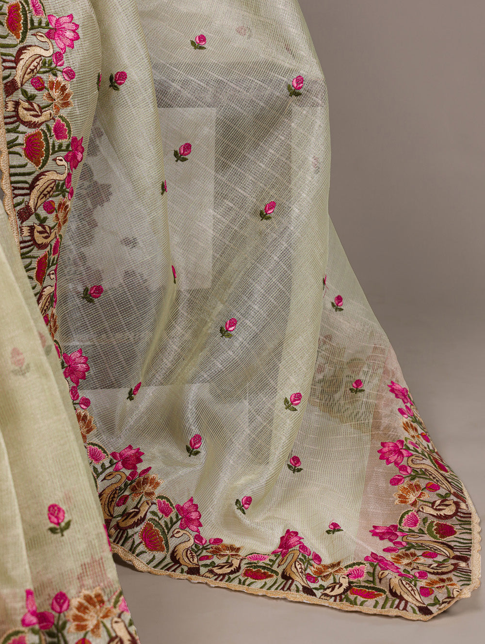 Pista green zari kota tissue saree with floral thread embroidery and banglory blouse fabric