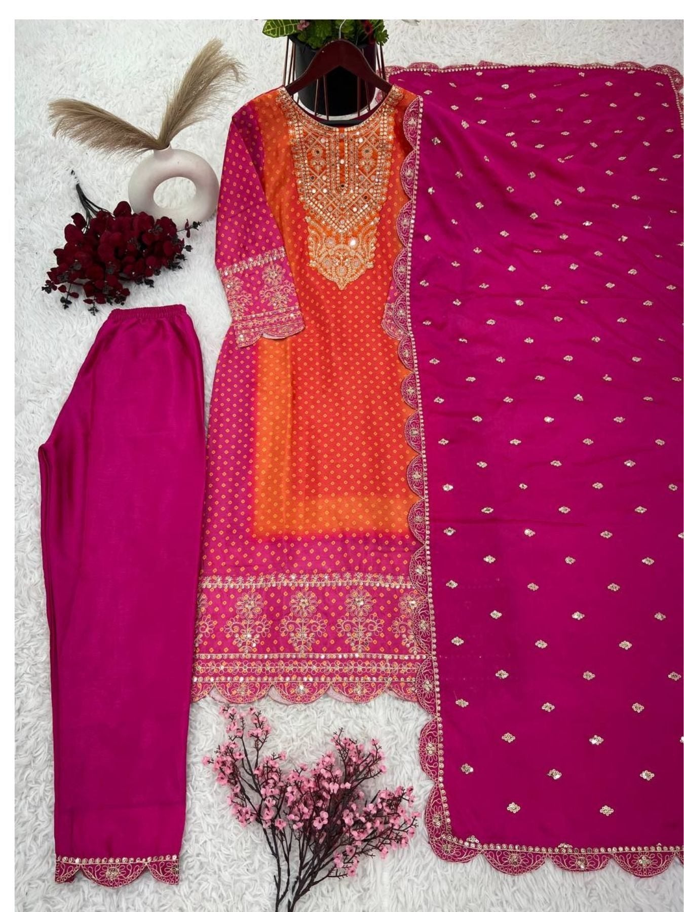 Heavy Pure Chinon Silk With Digital Print and Sequins Work kurta