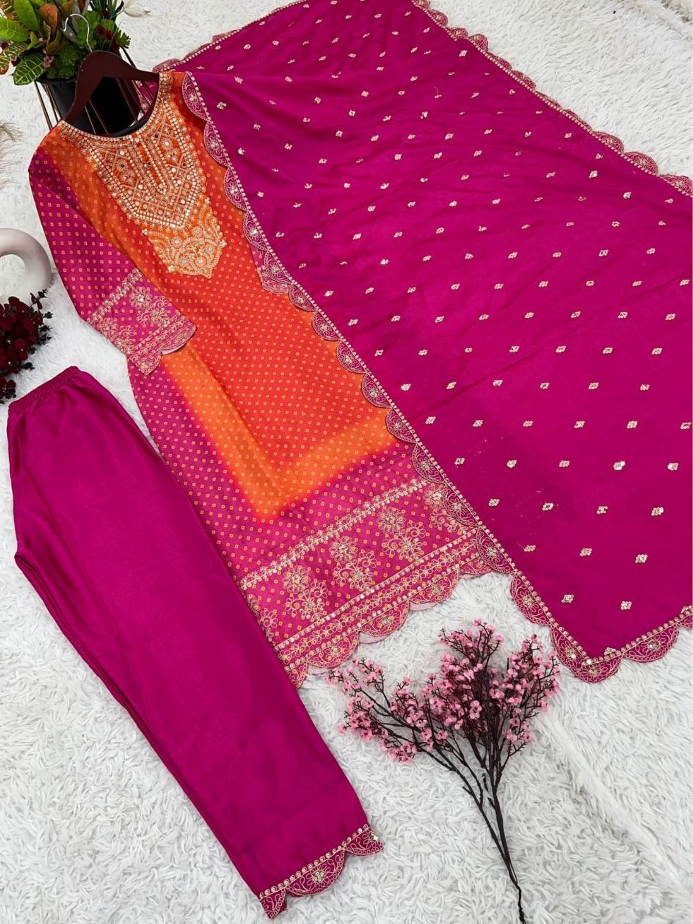 Heavy Pure Chinon Silk With Digital Print and Sequins Work kurta
