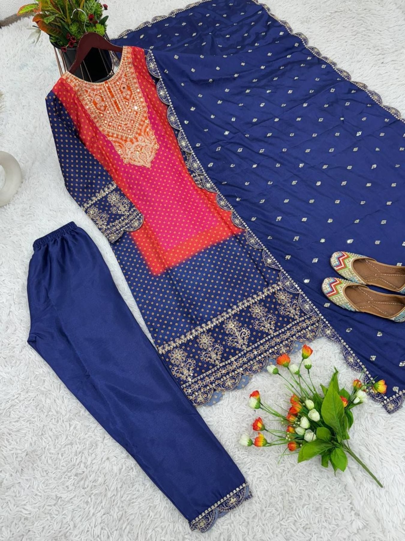 Heavy Pure Chinon Silk With Digital Print and Sequins Work kurta