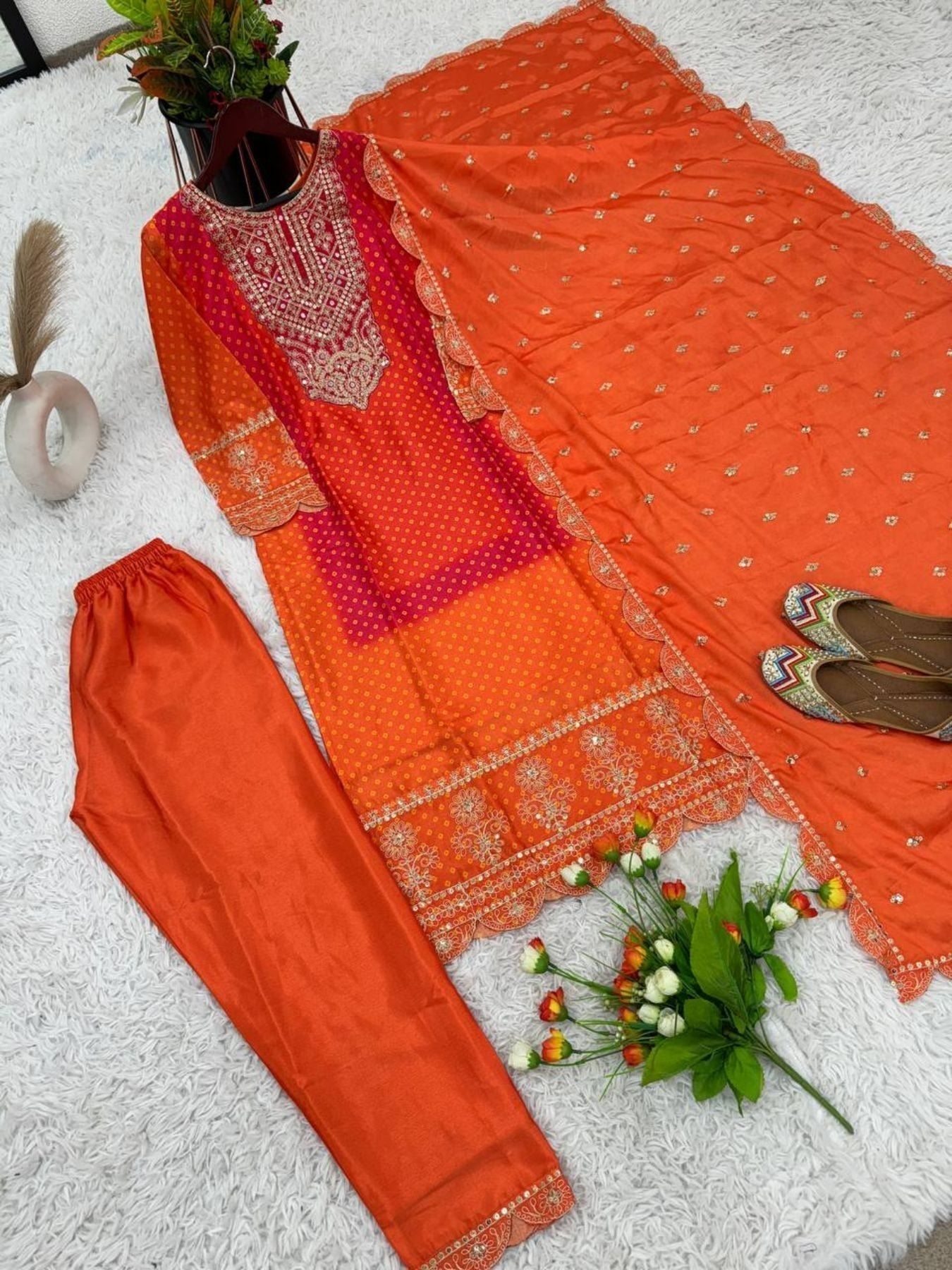 Heavy Pure Chinon Silk With Digital Print and Sequins Work kurta