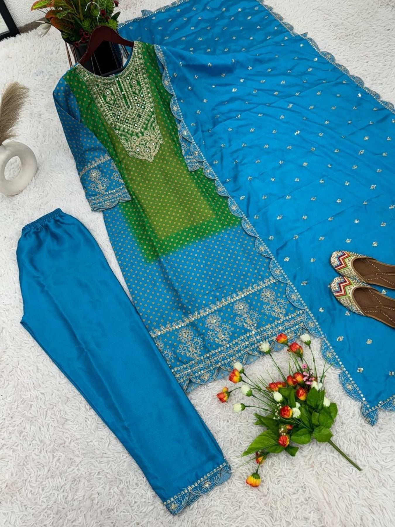 Heavy Pure Chinon Silk With Digital Print and Sequins Work kurta