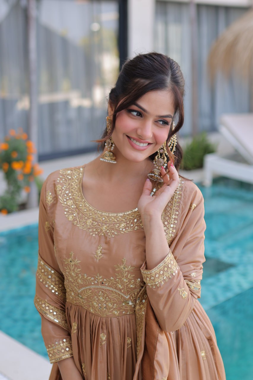 Nude Embroidered Kurti Sharara Set
