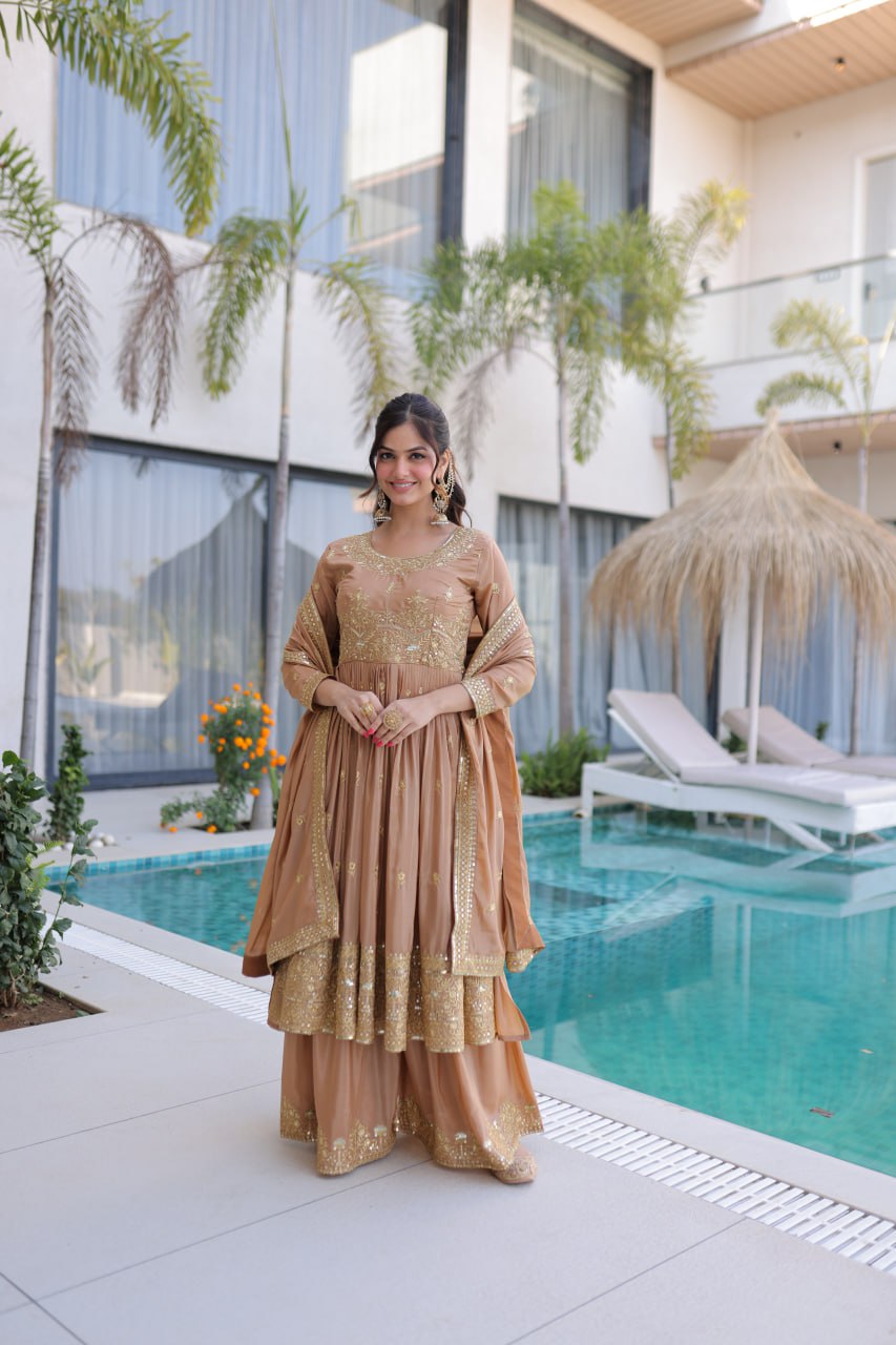 Nude Embroidered Kurti Sharara Set