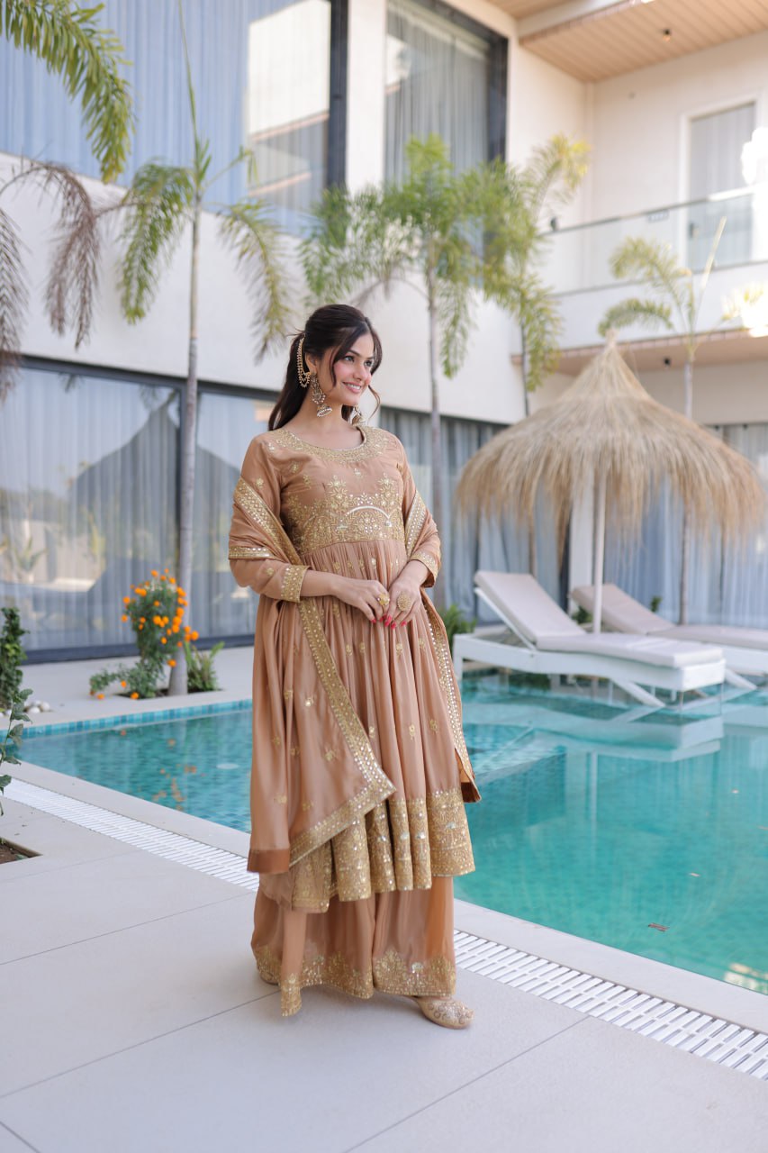 Nude Embroidered Kurti Sharara Set