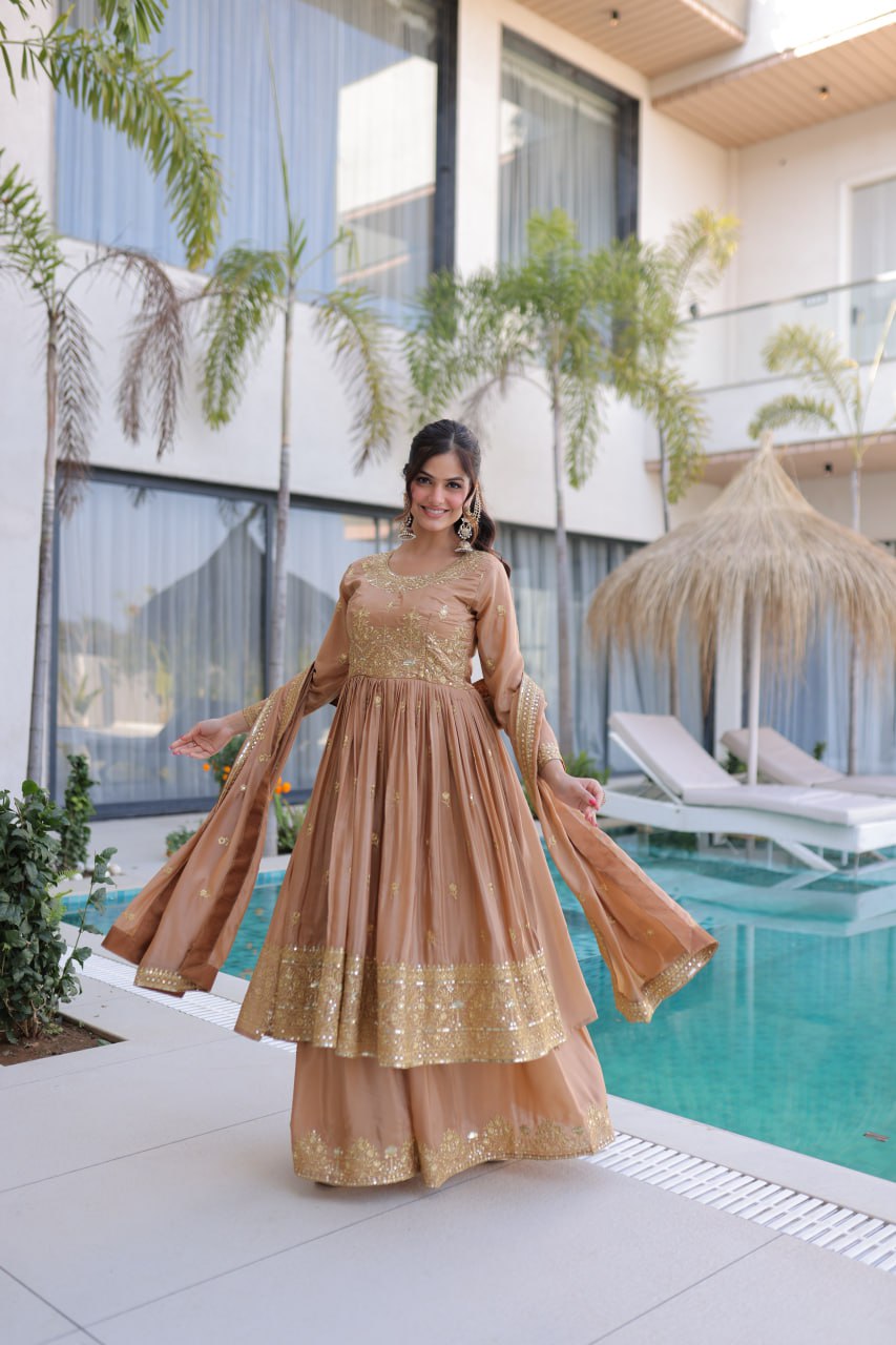 Nude Embroidered Kurti Sharara Set