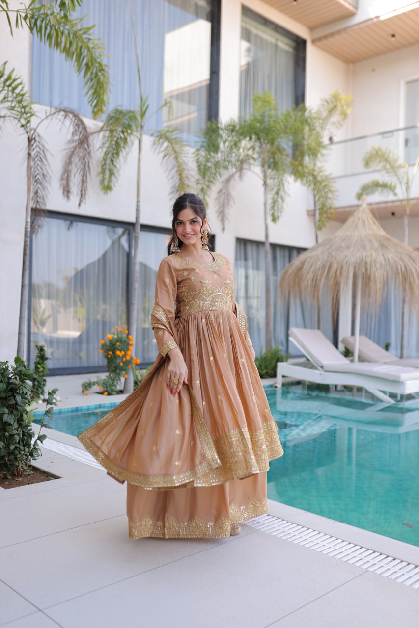 Nude Embroidered Kurti Sharara Set