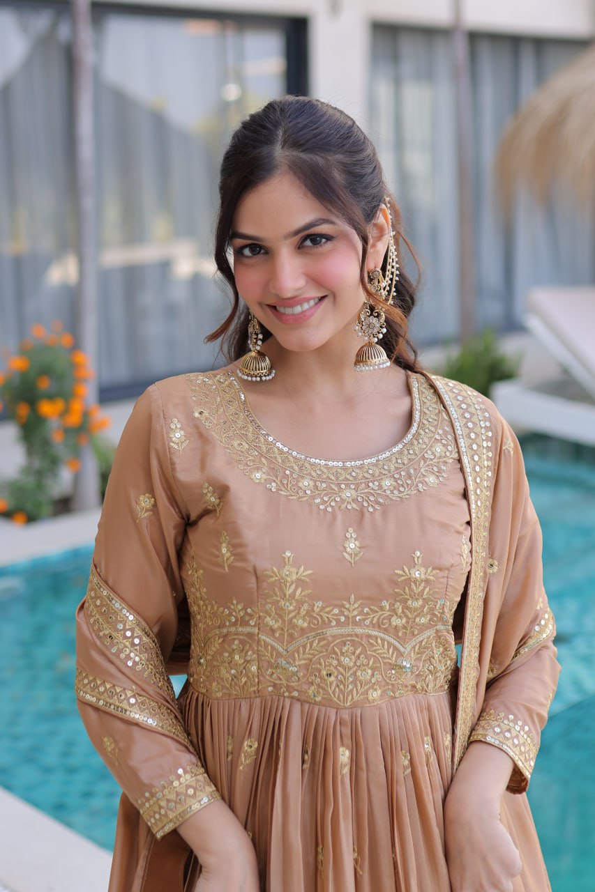 Nude Embroidered Kurti Sharara Set