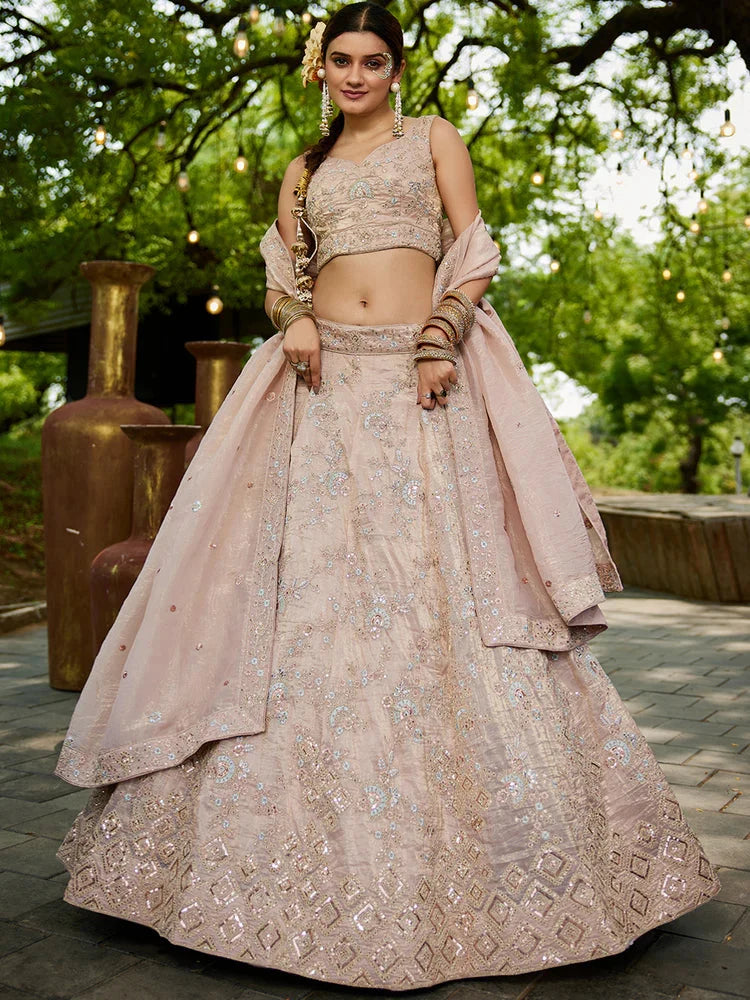 Nude Golden Tissue Lehenga Choli Set with Heavy Sequin & Thread Embroidery  Semi-Stitched Full Flare Lehenga with Ethnic Dupatta
