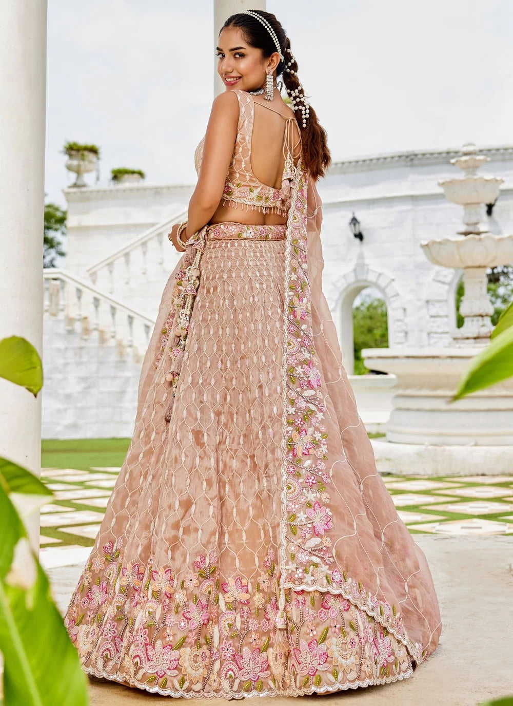 Stylish nude satin silk sequins bridal lehenga choli with dupatta
