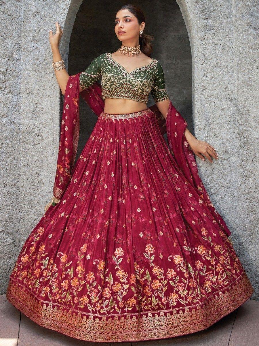 Maroon Floral Embroidered Pure Silk Designer Lehenga Choli