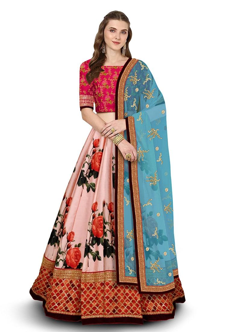 Occasion Wear Pink Color Art Silk Material Floral Print Lehenga