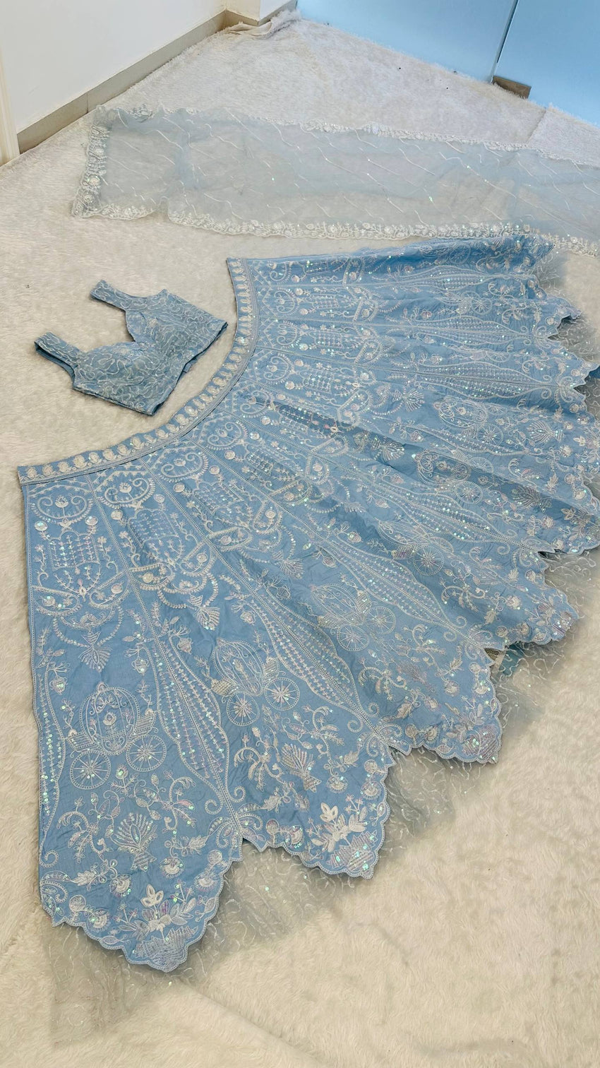 Ocean Blue Rainbow Sequins Silk Lehenga Choli