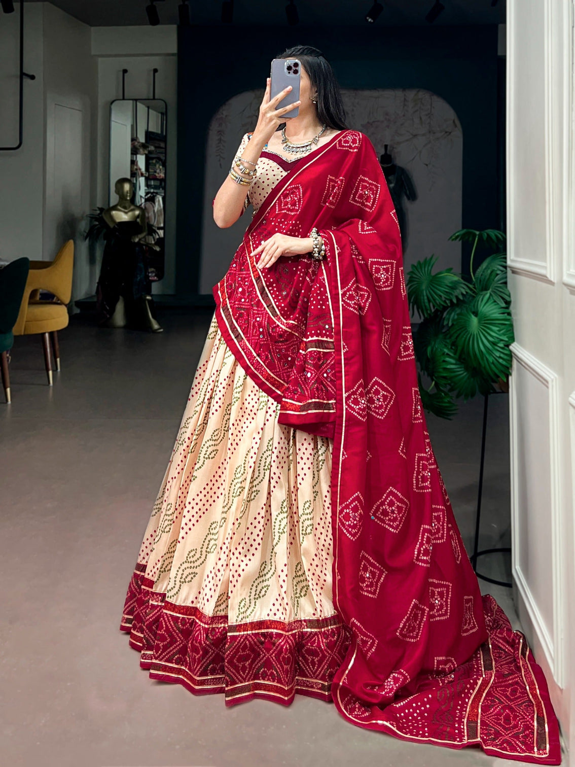 Off White Bandhej Print Lehenga